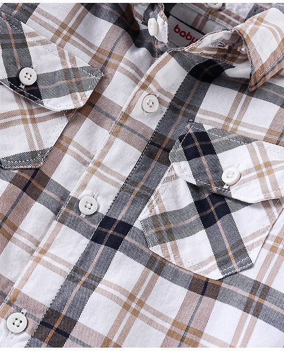Babyhug 100% Cotton Full Sleeves Checks Two Pocket Shirt with Detachable Hood - White
