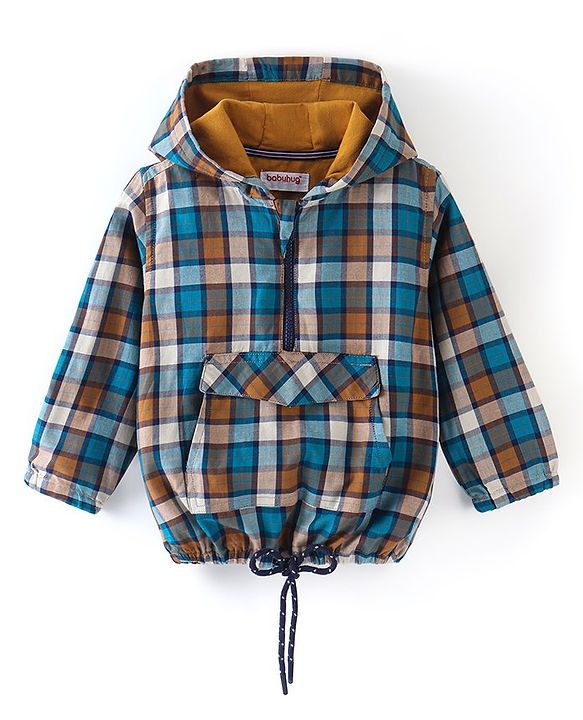 Babyhug 100% Cotton Woven Full Sleeves Hooded Checkered Shirt - Green
