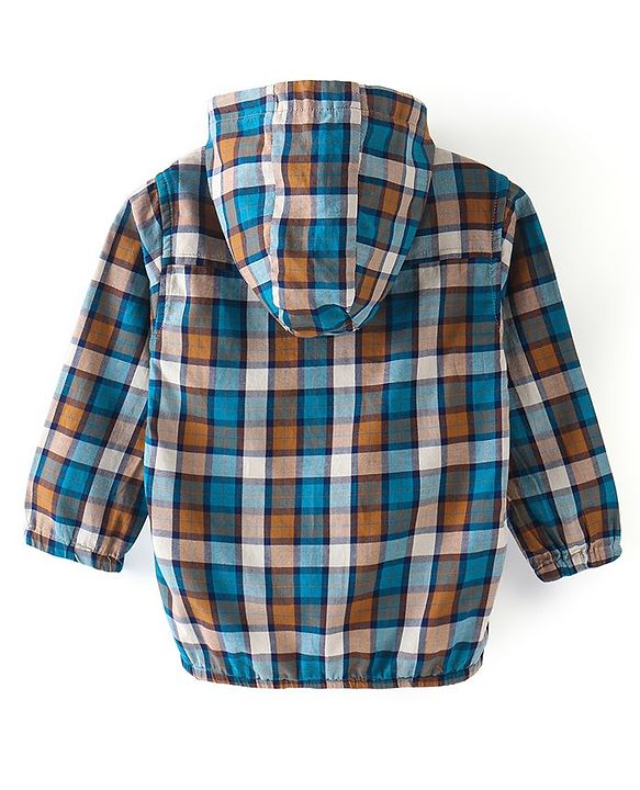 Babyhug 100% Cotton Woven Full Sleeves Hooded Checkered Shirt - Green