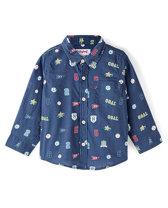 Babyhug Cotton Woven Full Sleeves Shirt with Inner Tee Sports Print - Navy Blue