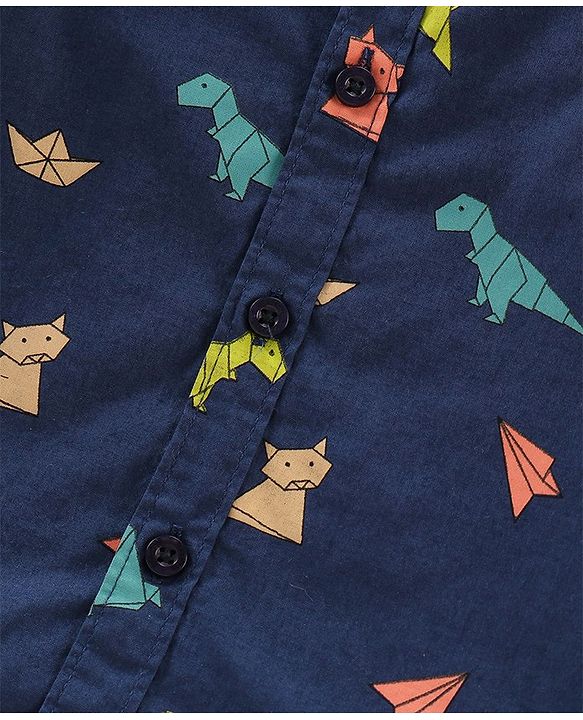 Babyhug Cotton Woven Full Sleeves Shirt With T-Shirt With Text & Animals Print - Navy Blue & White