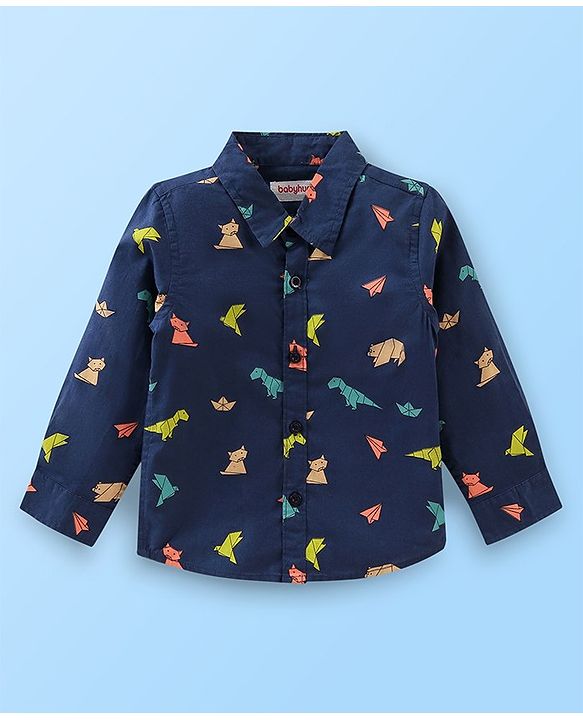 Babyhug Cotton Woven Full Sleeves Shirt With T-Shirt With Text & Animals Print - Navy Blue & White