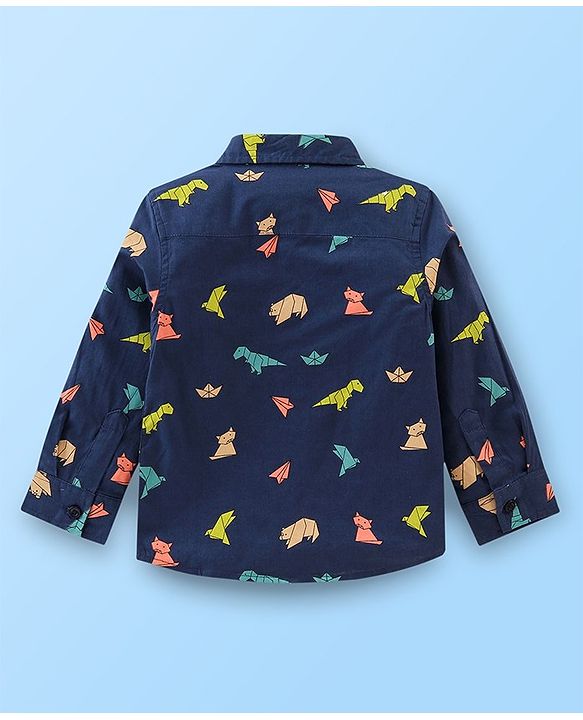 Babyhug Cotton Woven Full Sleeves Shirt With T-Shirt With Text & Animals Print - Navy Blue & White