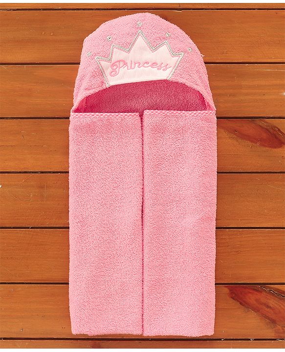 Babyhug Hooded Towel With Princess Embroidery - Pink
