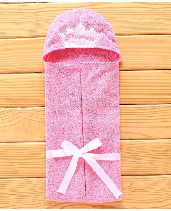 Babyhug Hooded Towel With Princess Embroidery - Pink
