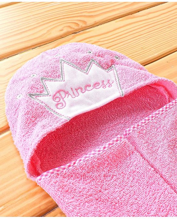 Babyhug Hooded Towel With Princess Embroidery - Pink
