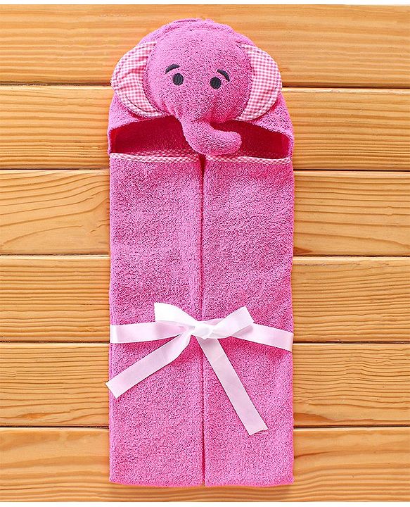 Babyhug Hooded Towel With Elephant Embroidery - Pink