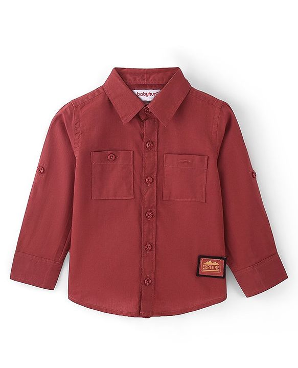 Babyhug 100% Cotton Woven Full Sleeves Solid Shirt - Red