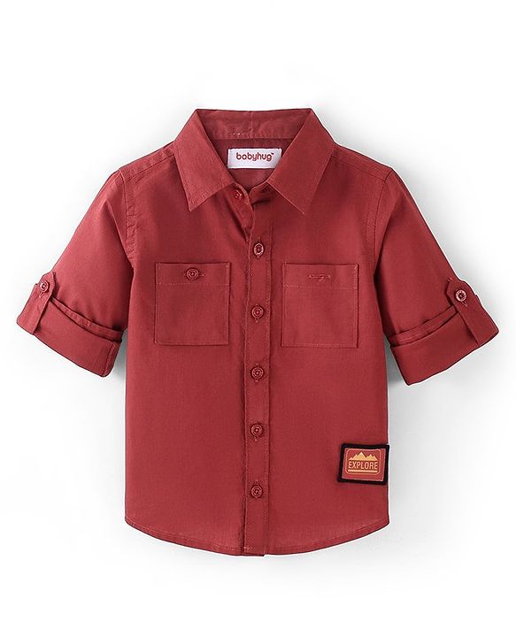 Babyhug 100% Cotton Woven Full Sleeves Solid Shirt - Red