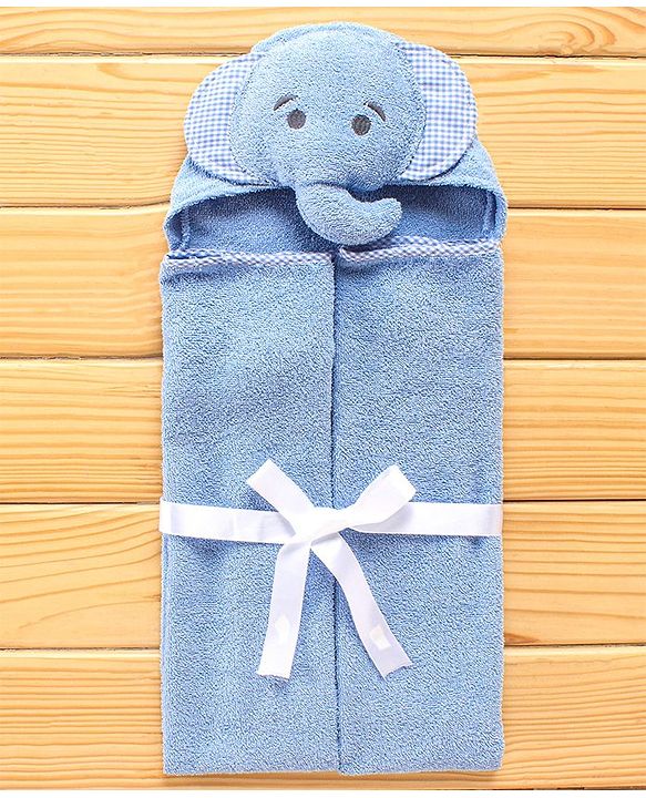 Babyhug Hooded Towel With Elephant Embroidery - Blue