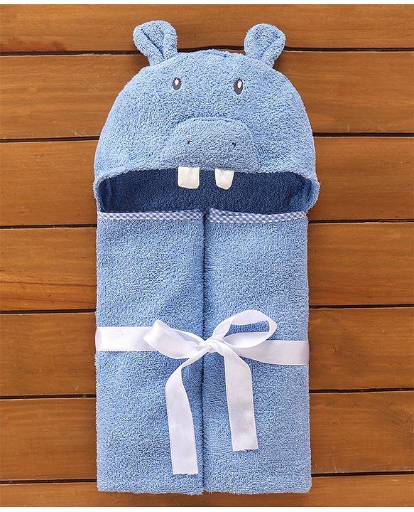 Babyhug Hooded Cotton Woven Towel with Hippo Embroidery- Blue