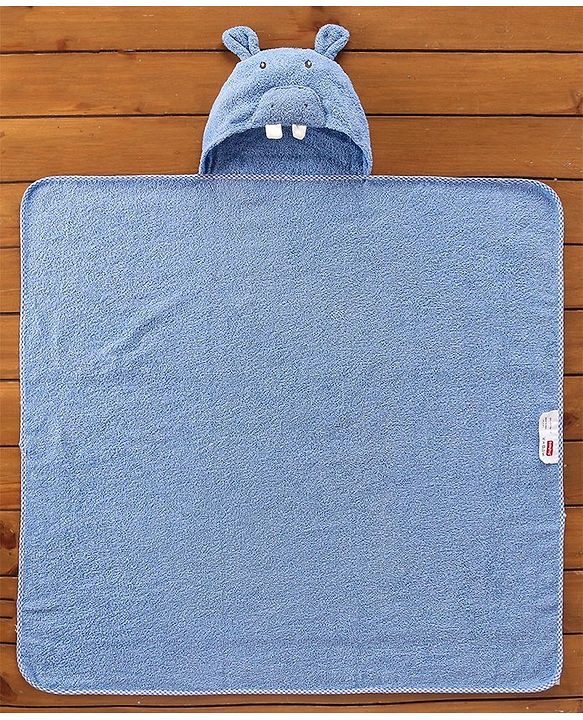 Babyhug Hooded Cotton Woven Towel with Hippo Embroidery- Blue