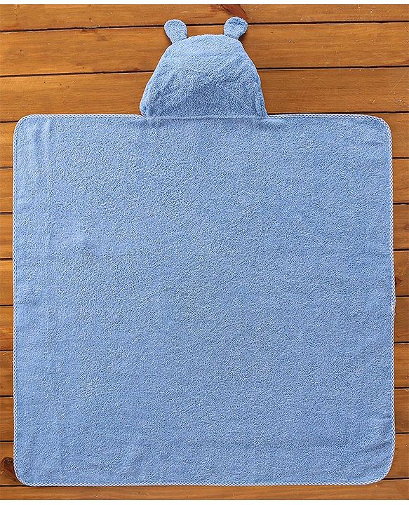 Babyhug Hooded Cotton Woven Towel with Hippo Embroidery- Blue