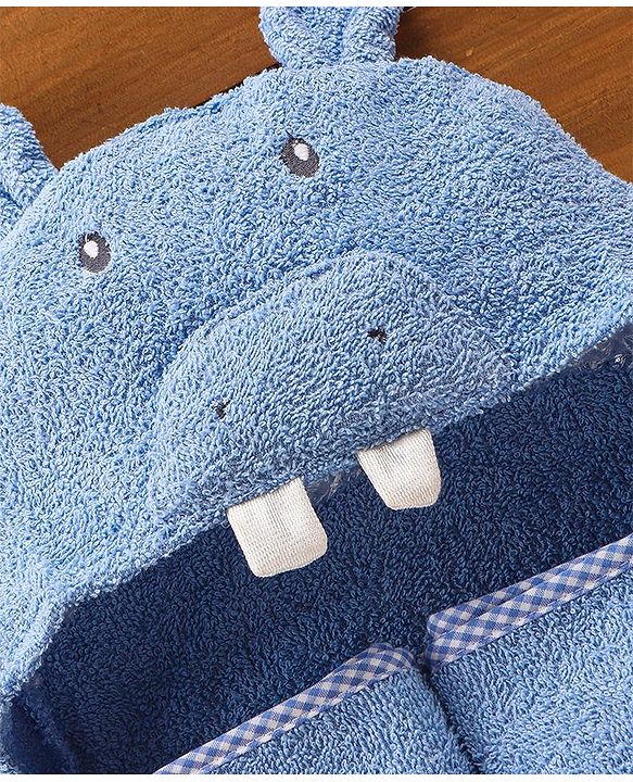 Babyhug Hooded Cotton Woven Towel with Hippo Embroidery- Blue