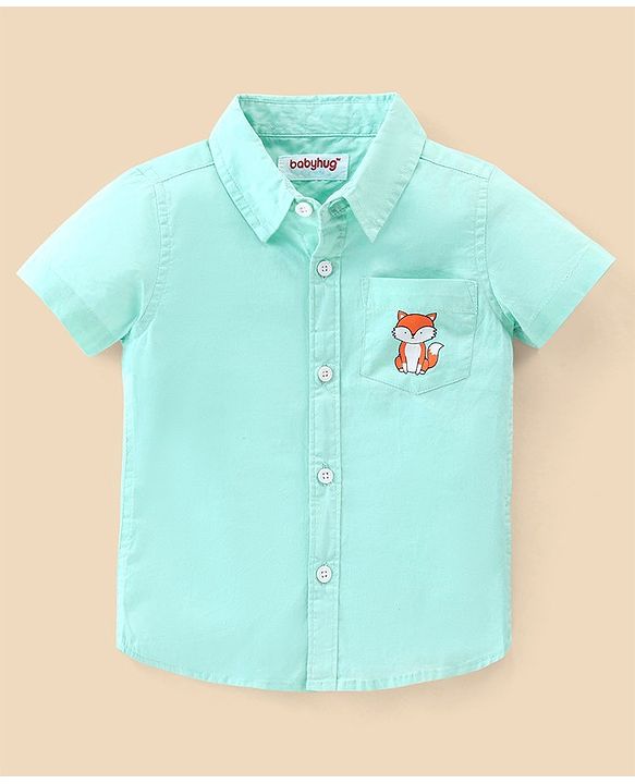 Babyhug Cotton Woven Half Sleeves Regular Collar Shirt Fox Pocket Print- Blue