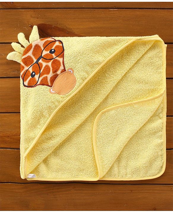 Babyhug Hooded Cotton Woven Towel with Giraffe Embroidery- Yellow