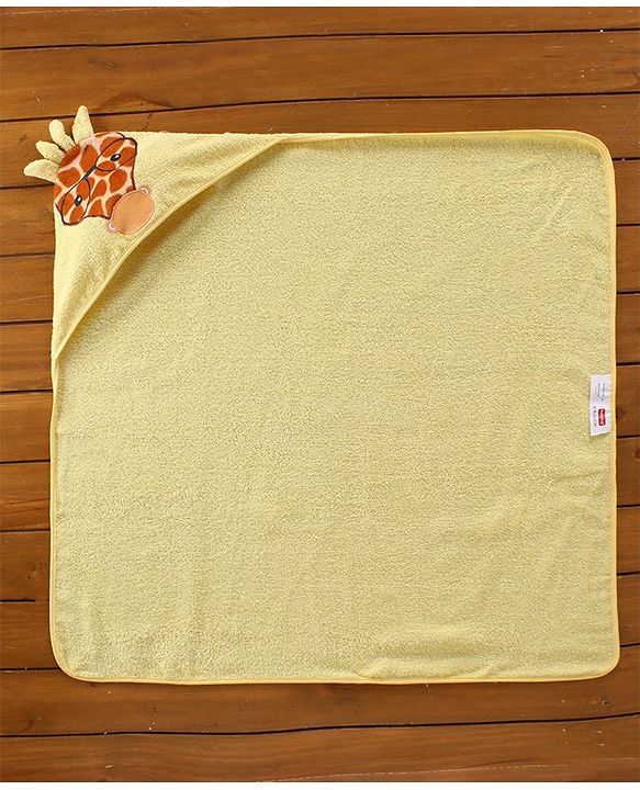 Babyhug Hooded Cotton Woven Towel with Giraffe Embroidery- Yellow