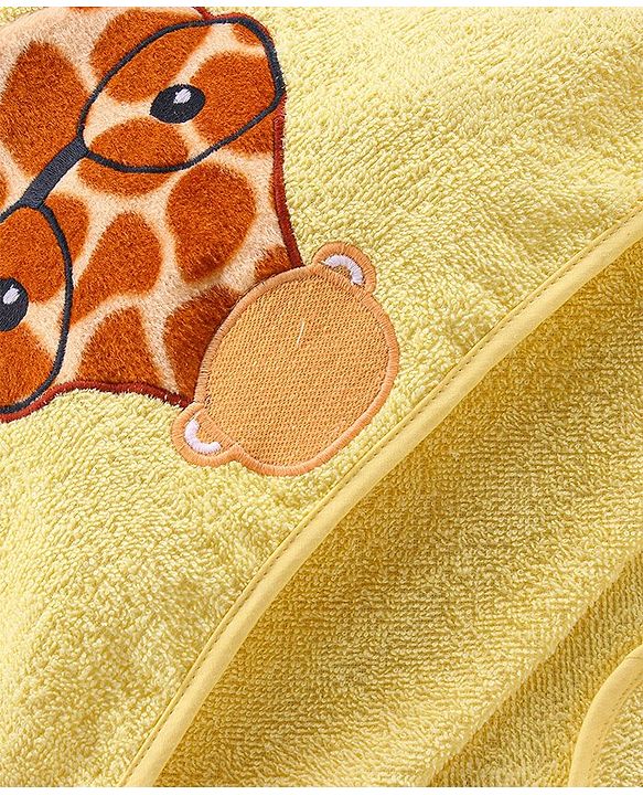 Babyhug Hooded Cotton Woven Towel with Giraffe Embroidery- Yellow