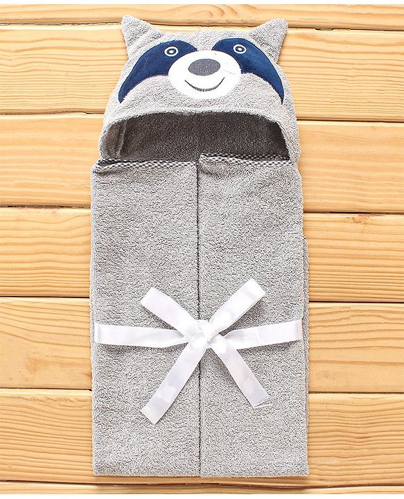 Babyhug Hooded Towel With Bear Embroidery - Grey