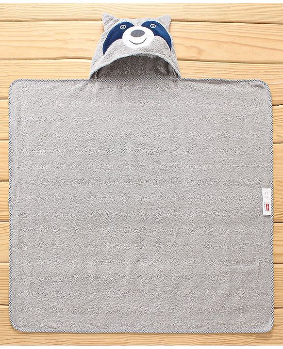 Babyhug Hooded Towel With Bear Embroidery - Grey
