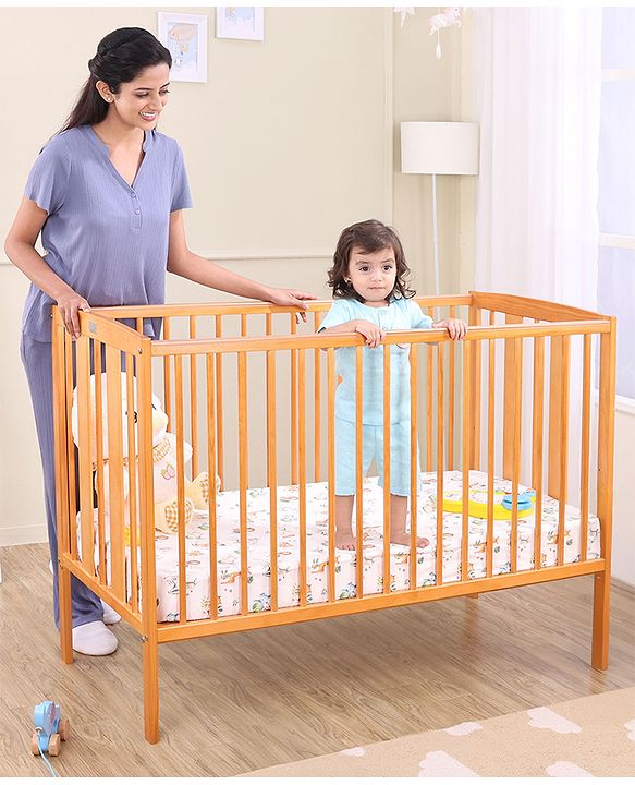 Babyhug Malmo Wooden Cot with 3 Level Height Adjustment & Plug and Play Assembly  Natural| Solid Pinewood