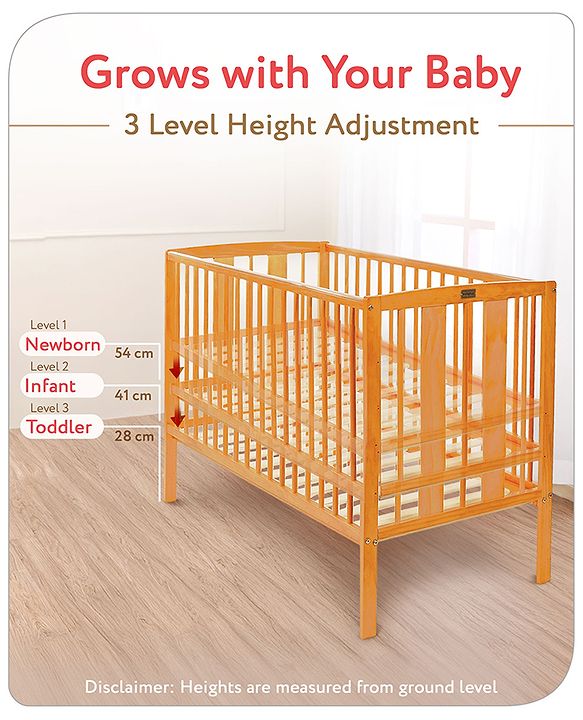 Babyhug Malmo Wooden Cot with 3 Level Height Adjustment & Plug and Play Assembly  Natural| Solid Pinewood