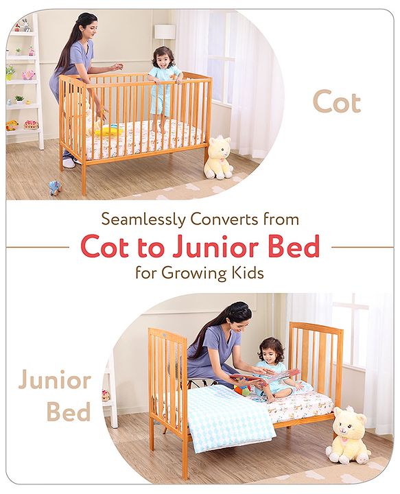 Babyhug Malmo Wooden Cot with 3 Level Height Adjustment & Plug and Play Assembly  Natural| Solid Pinewood
