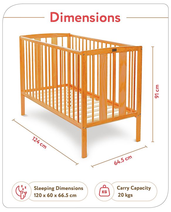 Babyhug Malmo Wooden Cot with 3 Level Height Adjustment & Plug and Play Assembly  Natural| Solid Pinewood