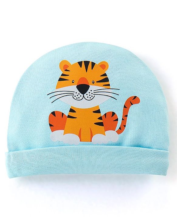 Babyhug 100% Cotton Cap Tiger Print Blue - Diameter 10 cm