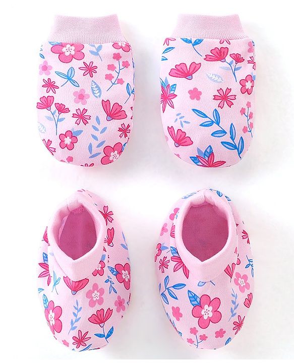 Babyhug 100% Cotton Knit Floral Print Mittens & Booties - Pink