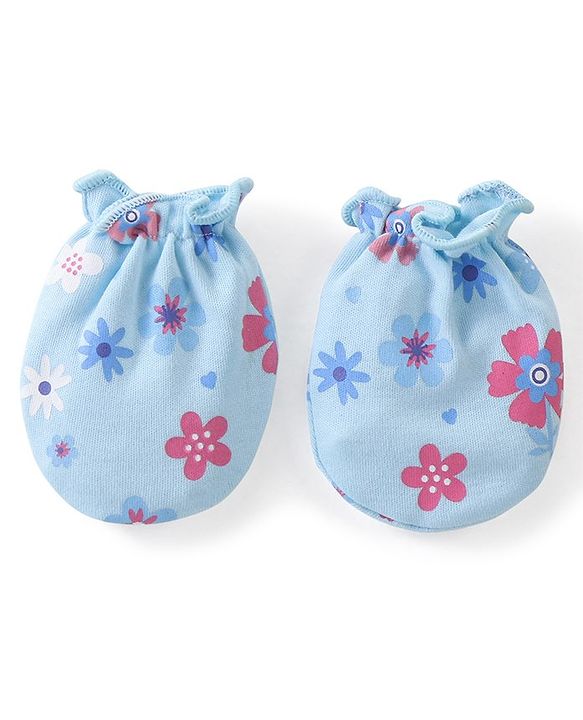 Babyhug 100% Cotton Knit Mittens & Booties Floral Print - Blue