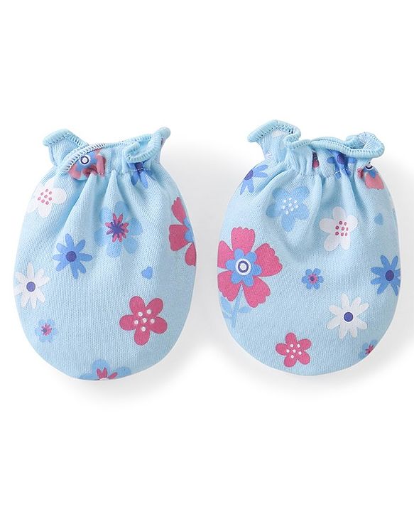 Babyhug 100% Cotton Knit Mittens & Booties Floral Print - Blue
