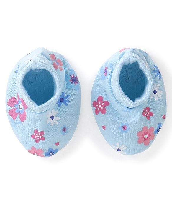 Babyhug 100% Cotton Knit Mittens & Booties Floral Print - Blue