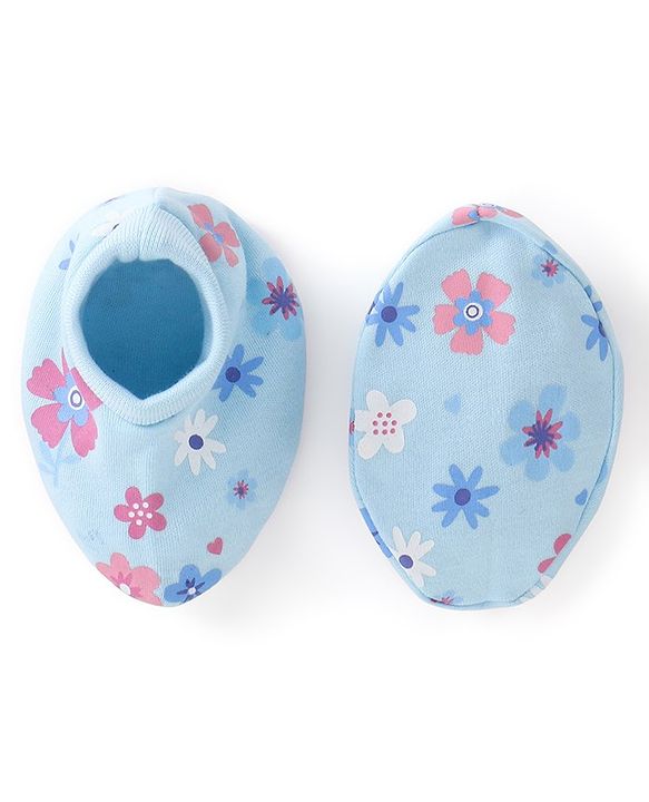 Babyhug 100% Cotton Knit Mittens & Booties Floral Print - Blue