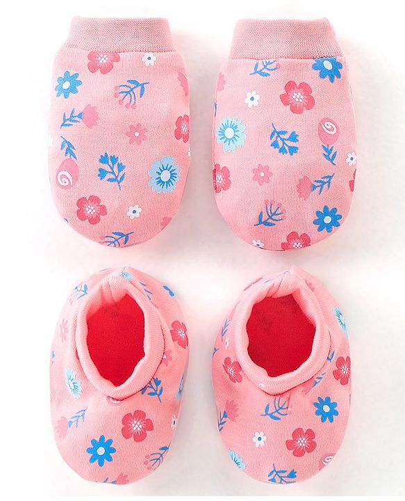 Babyhug 100% Cotton Knit Floral Print Mittens & Booties - Pink
