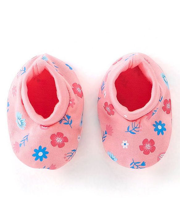 Babyhug 100% Cotton Knit Floral Print Mittens & Booties - Pink