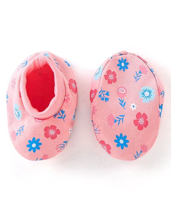 Babyhug 100% Cotton Knit Floral Print Mittens & Booties - Pink