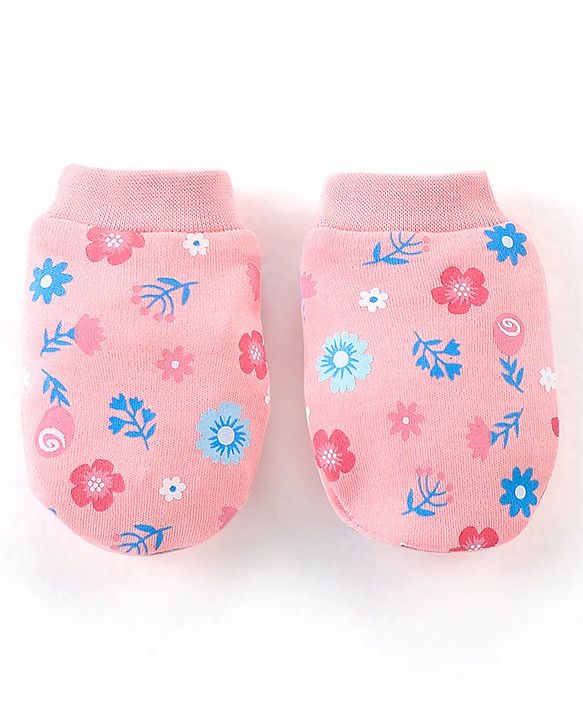 Babyhug 100% Cotton Knit Floral Print Mittens & Booties - Pink