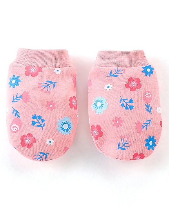 Babyhug 100% Cotton Knit Floral Print Mittens & Booties - Pink