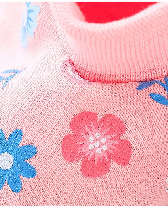 Babyhug 100% Cotton Knit Floral Print Mittens & Booties - Pink