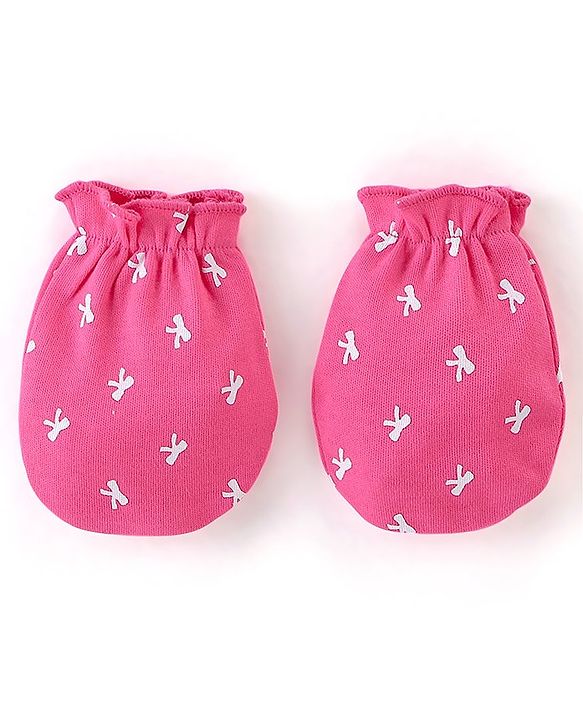 Babyhug 100% Cotton Knit Bow Print Mittens & Booties - Pink