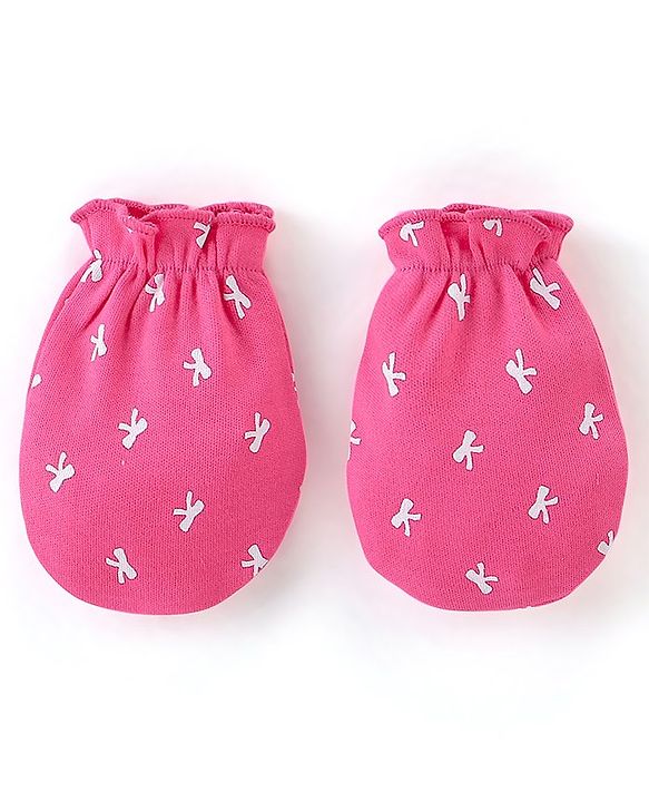 Babyhug 100% Cotton Knit Bow Print Mittens & Booties - Pink