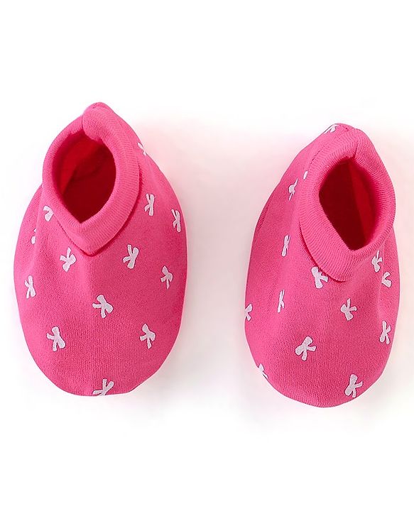 Babyhug 100% Cotton Knit Bow Print Mittens & Booties - Pink