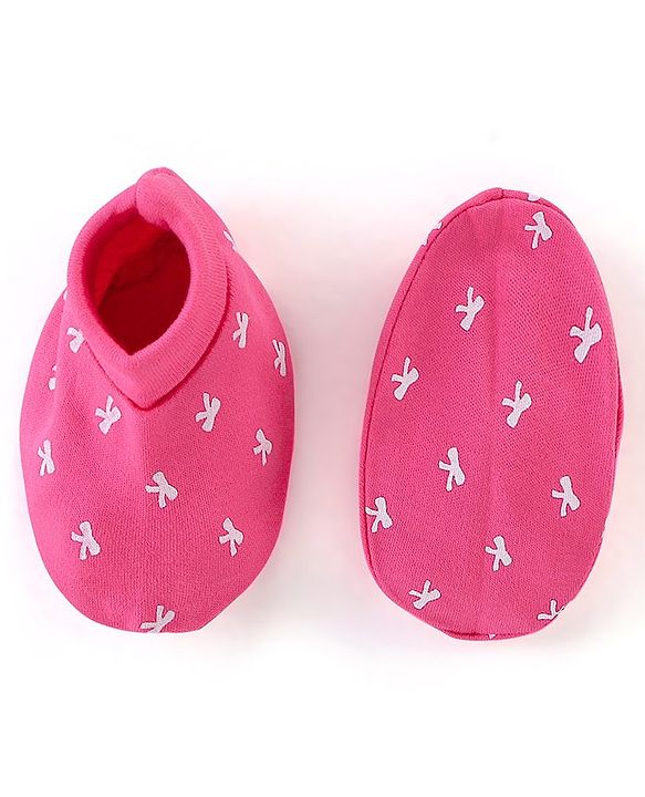 Babyhug 100% Cotton Knit Bow Print Mittens & Booties - Pink