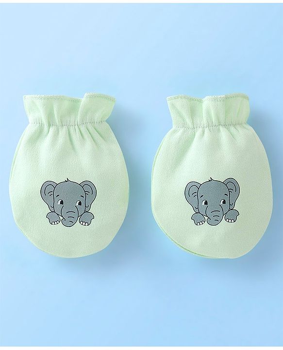 Babyhug 100% Cotton Knit Mittens Set Pack of 3 Striped & Elephant Print - Blue & White