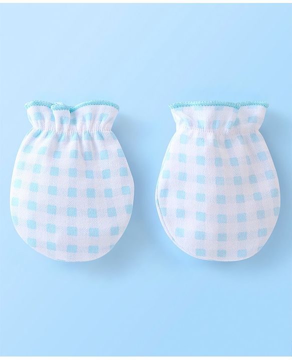 Babyhug 100% Cotton Knit Mittens Set Pack of 3 Striped & Elephant Print - Blue & White