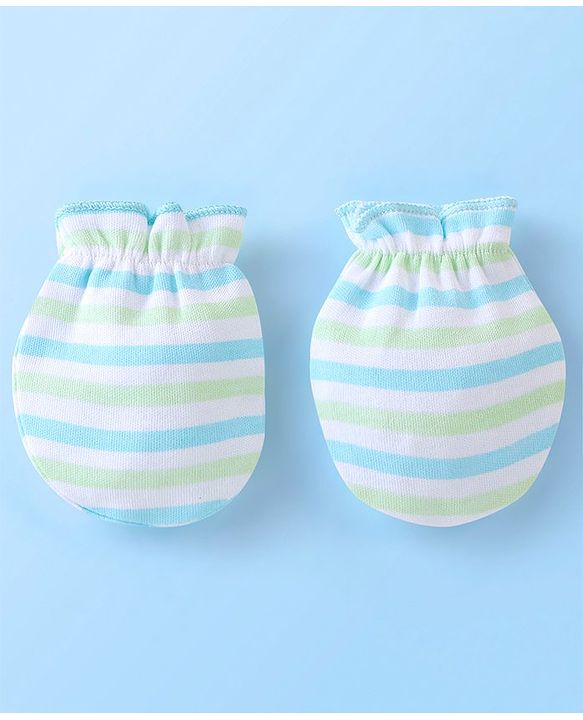 Babyhug 100% Cotton Knit Mittens Set Pack of 3 Striped & Elephant Print - Blue & White