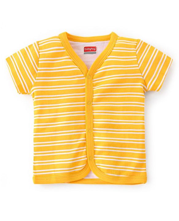Babyhug 100% Cotton Half Sleeves Vests Stripes & Fries Print Pack of 3- Grey Blue & Yellow