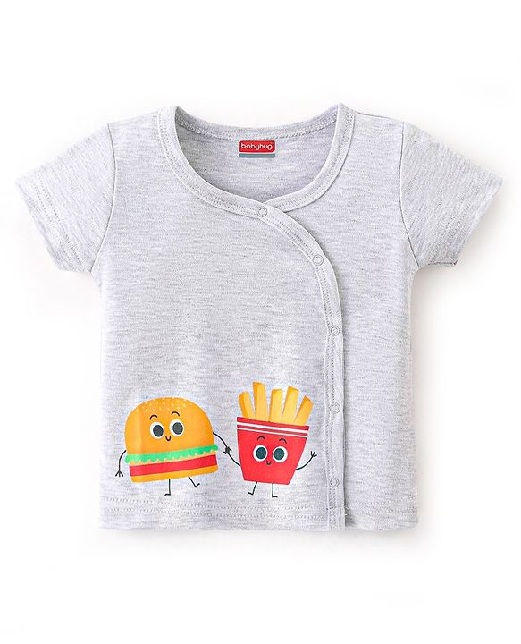 Babyhug 100% Cotton Half Sleeves Vests Stripes & Fries Print Pack of 3- Grey Blue & Yellow