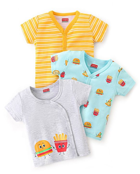 Babyhug 100% Cotton Half Sleeves Vests Stripes & Fries Print Pack of 3- Grey Blue & Yellow